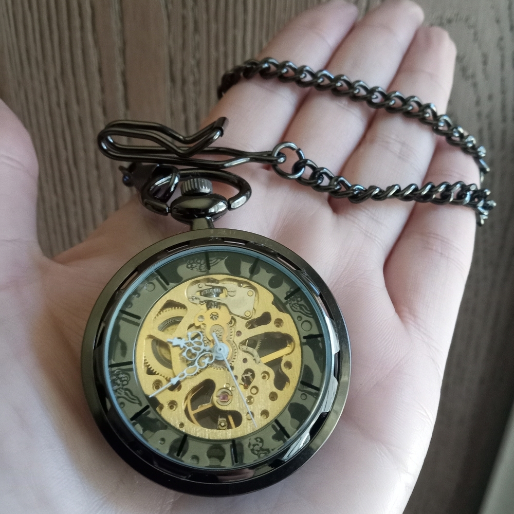 MENS VINTAGE OPEN FACE SKELETON POCKET WATCH WITH CHAIN&CLIP